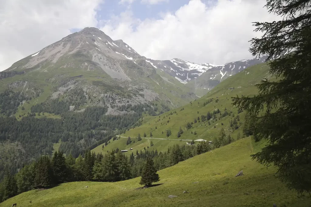 A view of the High Alpine Road in Austria with mountains in the background